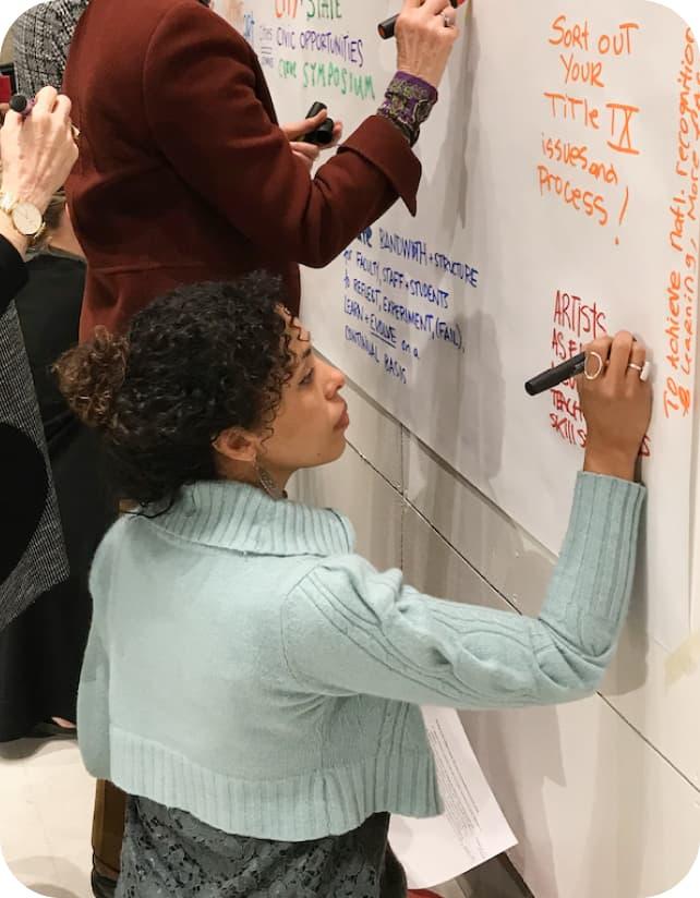 Team brainstorming creative ideas on a whiteboard